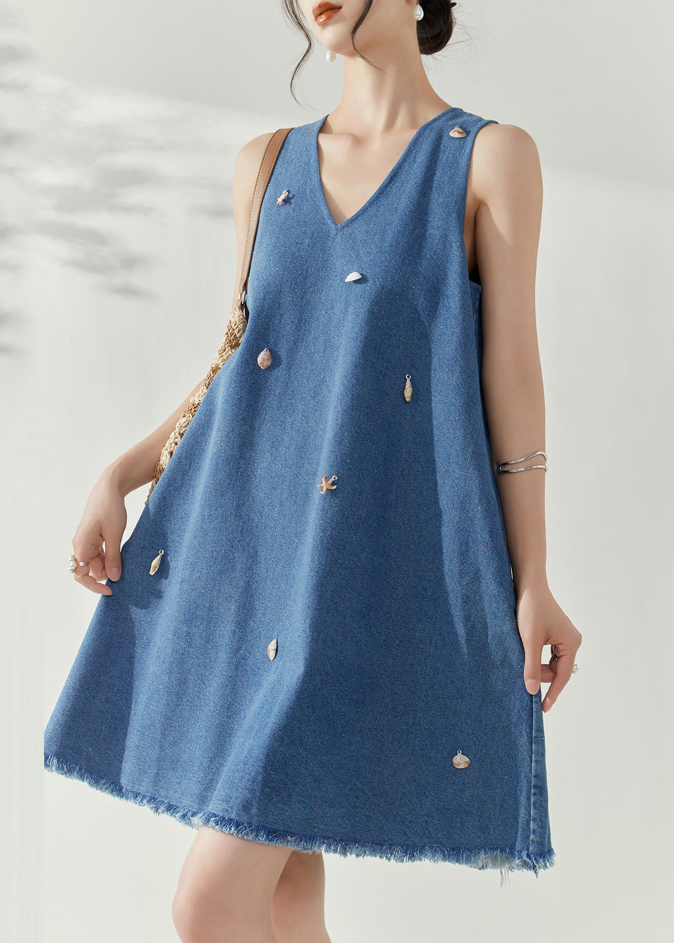 Blue V Neck Holiday Denim Mid Dress Summer