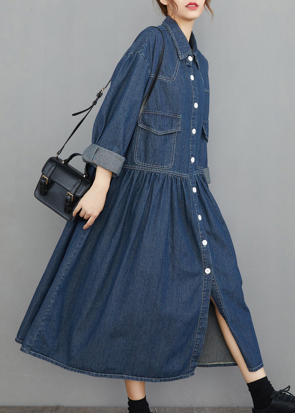 Navy Peter Pan Collar Button Pockets Wrinkled Denim Dress