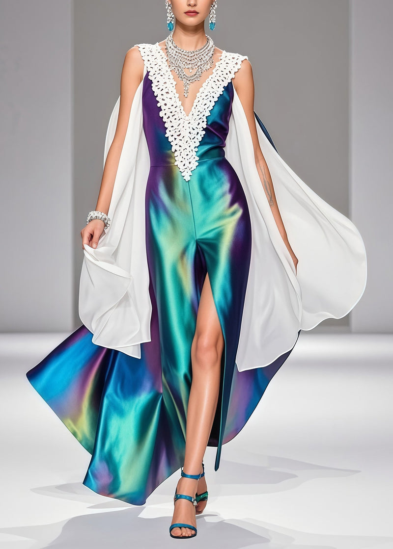 Gradient Color V Neck Patchwork Silk Vestidos Dress Sleeveless