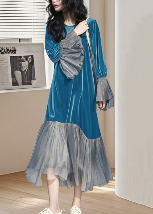 Blue Wrinkled Patchwork Silk Velvet Long Dress Flare Sleeve