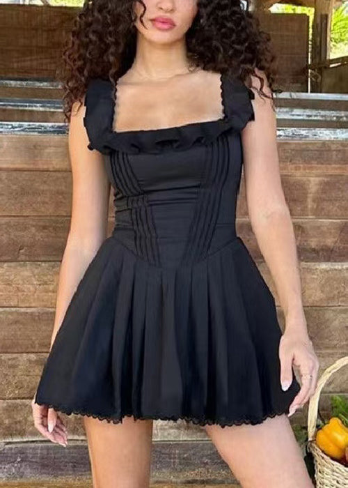 Black Ruffled Cotton Mid Dress Sleeveless