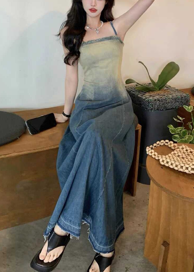 Gradient Color Original Design High Waist Denim Spaghetti Strap Dress Sleeveless