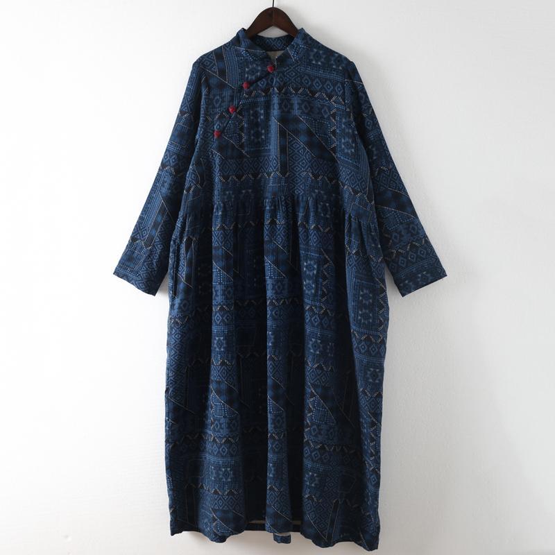 Blue Loose Button Linen Print Dress