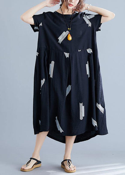 Black Prints Cotton Linen Robes Loose Waist Clothing Summer Dresses