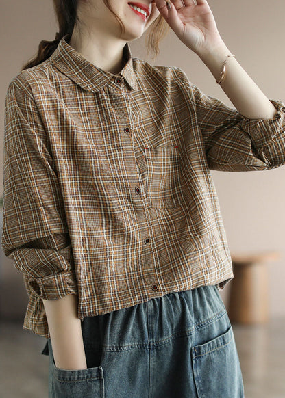 Coffee Plaid Cotton Shirt Tops Pocket Long Sleeve