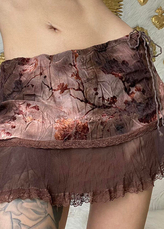 Brown Tie Dye Print Drawstring Tulle Patchwork Skirt Summer