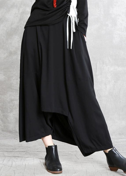 Black Cotton Skirt Elastic Waist Asymmetric Skirt
