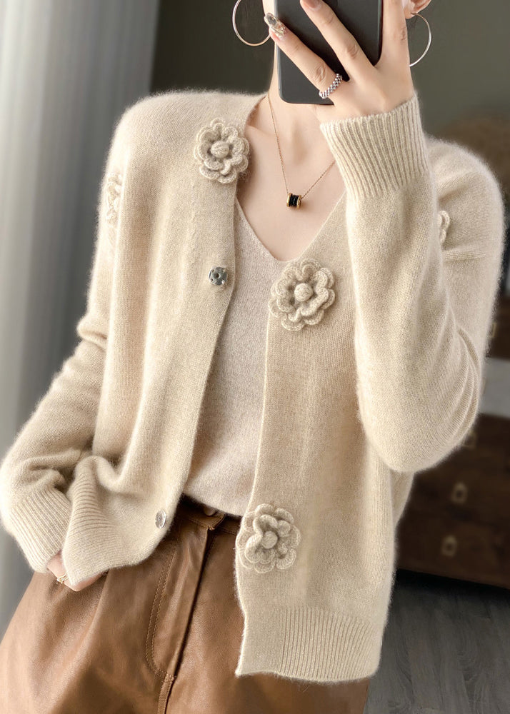 Handmade Beige V Neck Crochet Cashmere Knit Cardigan Spring