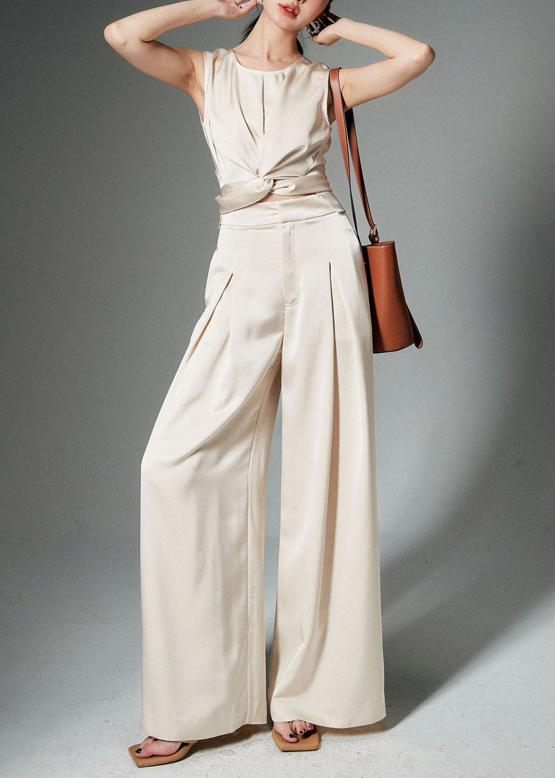 Beige Front Open Tops and Pants Silk Two Pieces Set Sleeveless