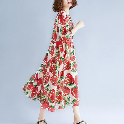 Red Print Natural Chiffon Dress Oversized Dress Boutique Short Sleeve O Neck Extra Large Hem Midi Dress
