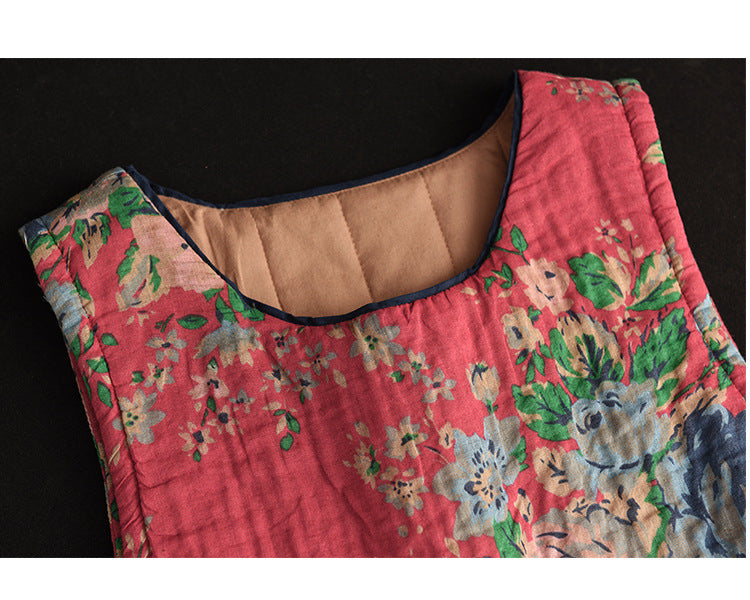 -print Cotton and Linen Quilted Vest