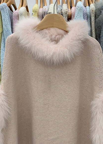 French Pink Fox Collar Removable Thick Cotton Knit Sweater Winter