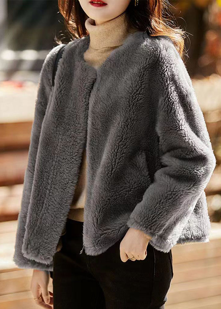 Grey O Neck Pockets Patchwork Wool Jackets Winter