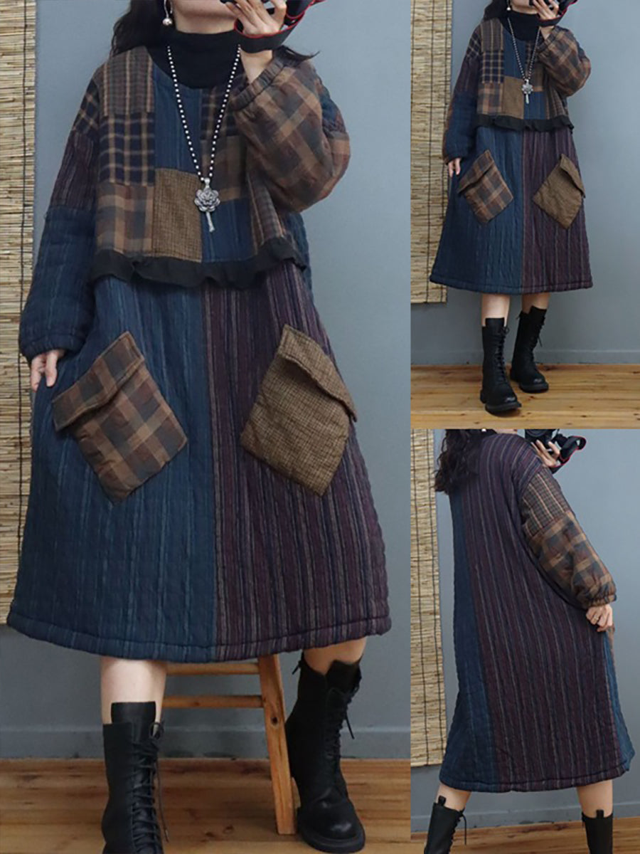 Thick Plaid Large Pocket Round Neck Padded Dress