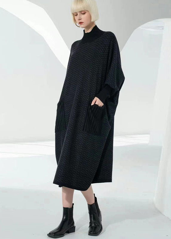 Coffee Turtle Neck Patchwork Pockets Wool Sweater Dress Long Sleeve