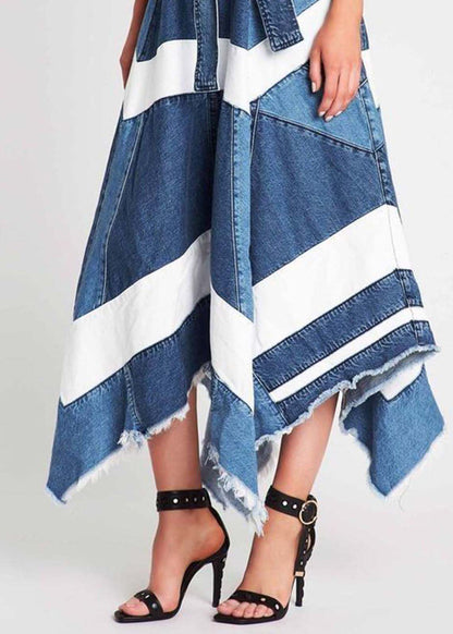 Blue Asymmetrical Patchwork Denim a Line Skirts Summer