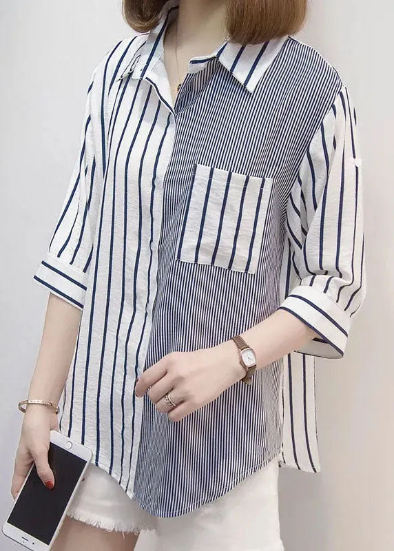 Blue Peter Pan Collar Striped Cotton Shirt Top Bracelet Sleeve