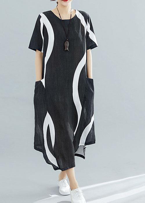 Black Striped Chiffon Quilting Clothes O Neck Asymmetric Kaftan Summer Dress