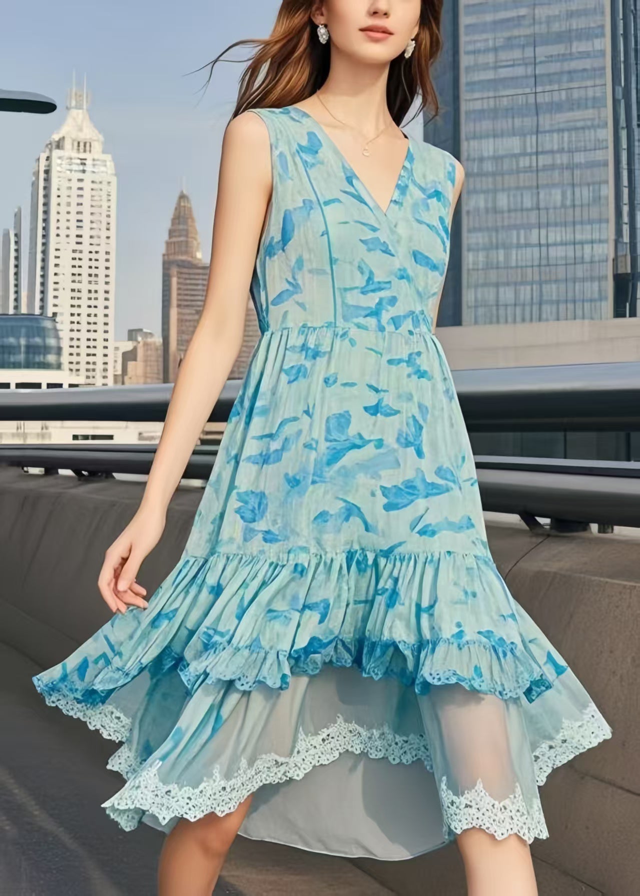 Light Blue Print Patchwork Chiffon Day Dresses Sleeveless