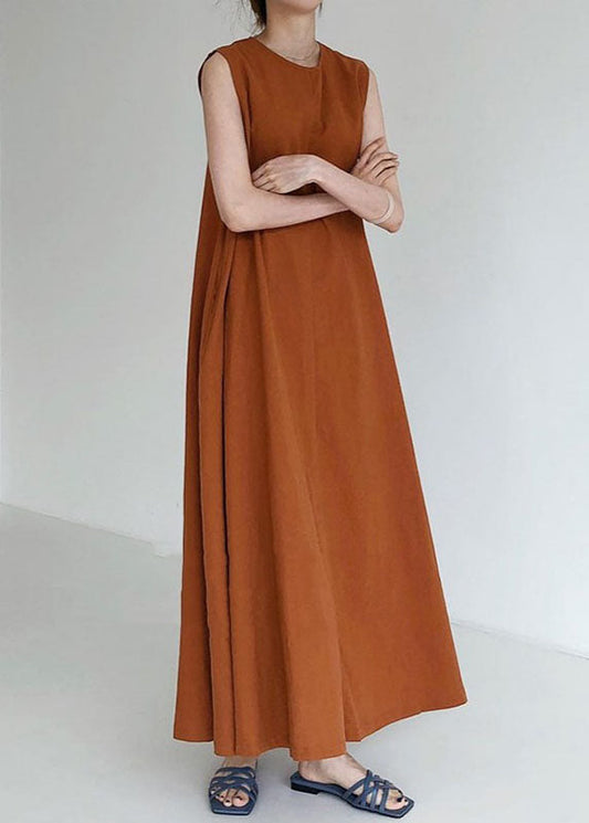 Brown Red Pockets Loose Cotton Dress Sleeveless
