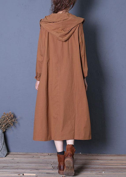 Long Fall Brown Hooded Drawstring Coats