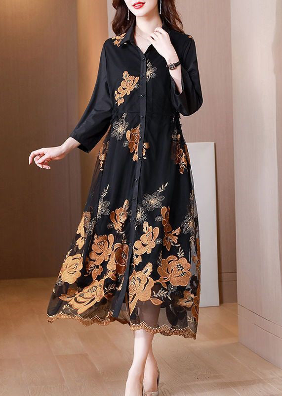 Black Embroidered Tie Waist Tulle Patchwork Shirts Long Dresses Fall