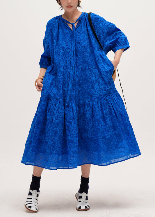 Blue Print Pockets Lace Up Cotton Long Dresses Half Sleeve