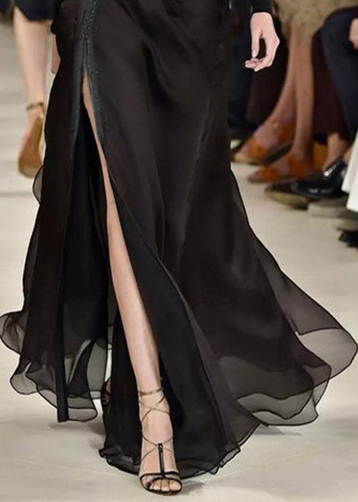 Black Ruffled Side Open Patchwork Chiffon Skirt Summer