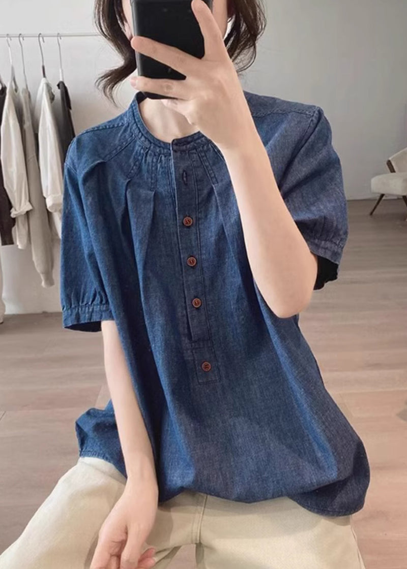 Blue O Neck Button Denim T Shirts Summer