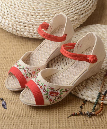 White Embroideried Sandals Splicingbuckle Strap Wedge Sandals