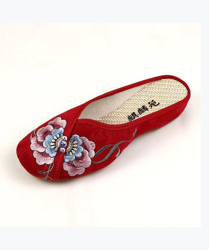 White Wedge Cotton Fabric Embroidery Slide Sandals