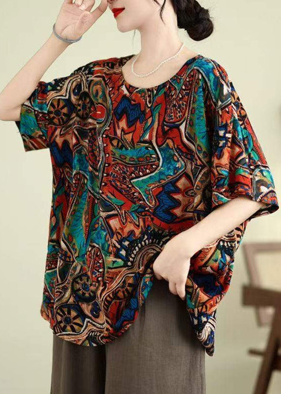 Loose Blue O-neck Print Shirt Top Summer