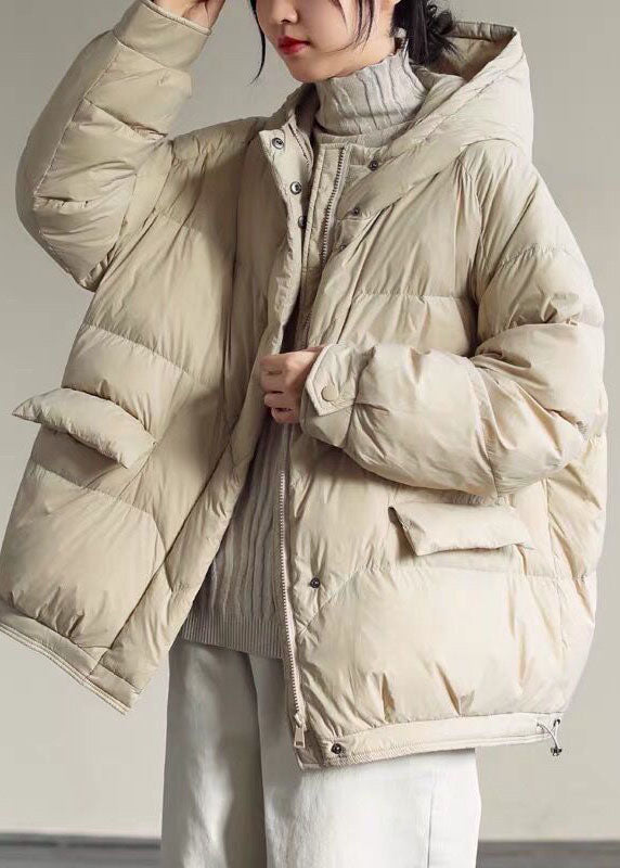 Italian Beige Zip Up Oversized Duck Down Jacket in Winter