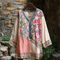 Women's Retro Tribal Floral Stitching Cotton And Linen Long Sleeve Shirt elevenforest
