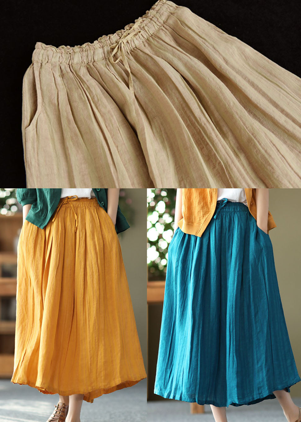 Khaki Drawstring Pockets Linen a Line Skirts Summer