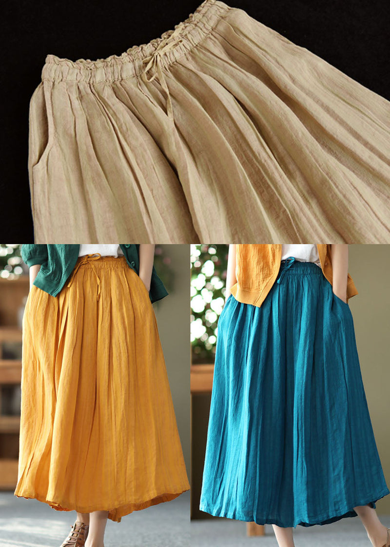 Khaki Drawstring Pockets Linen a Line Skirts Summer
