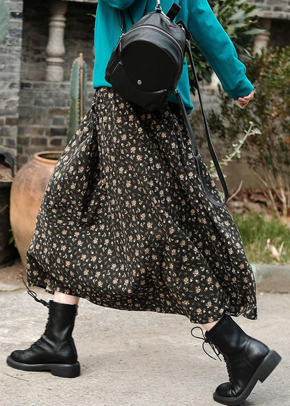 Natural Black Patchwork Print a Line Skirts Cotton Fall
