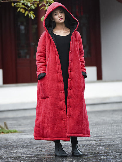 Winter Frog Pocket Hooded Long Coat