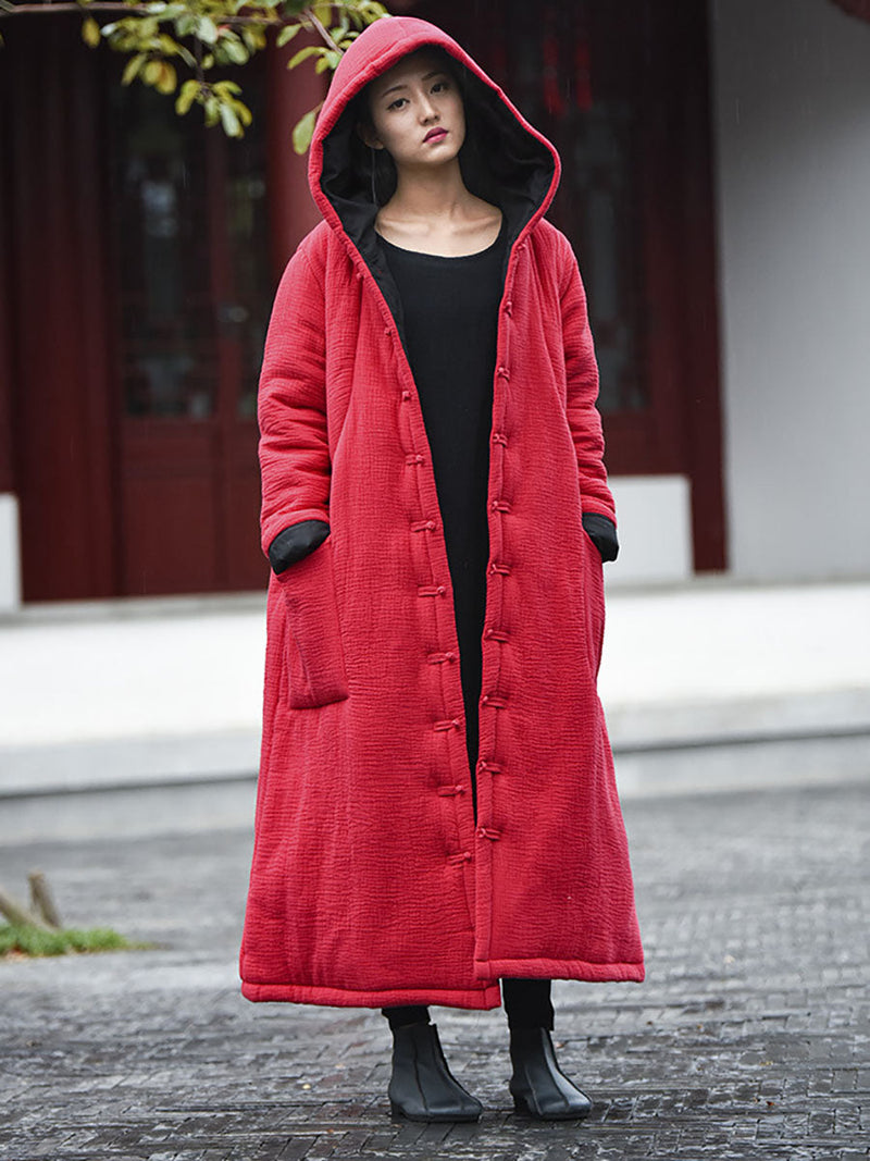 Winter Frog Pocket Hooded Long Coat