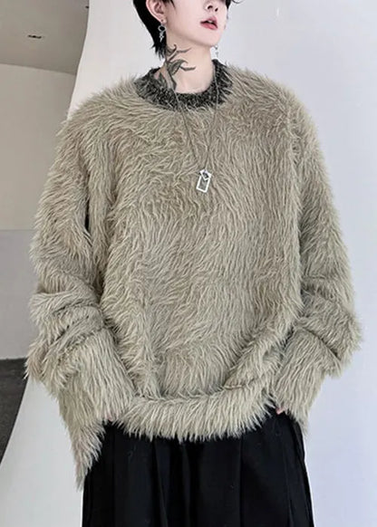 Simple Khaki O Neck Mink Velvet Sweaters Winter