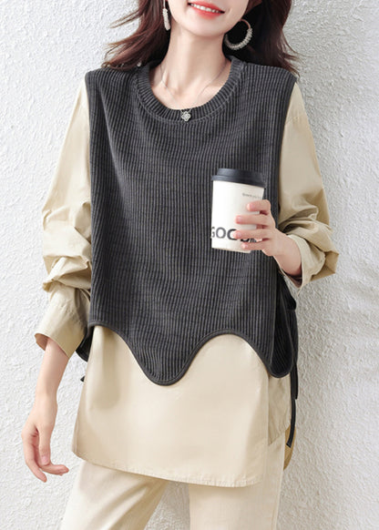 Khaki Oversized Patchwork Cotton Fake Two Piece Tops Fall