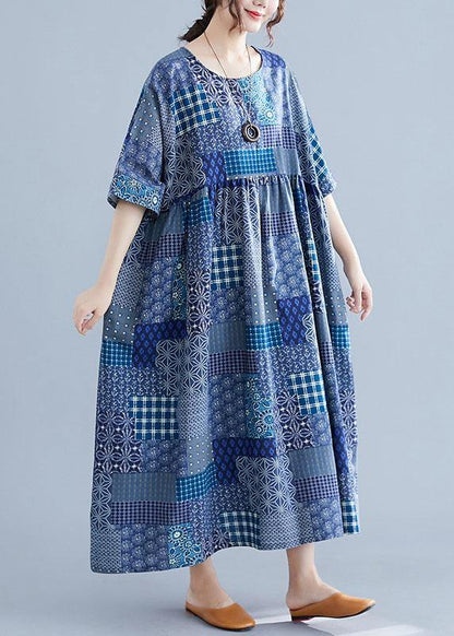 Italian Navy Plaid Linen Cotton Clothes for O Neck Cinched Cotton Dress