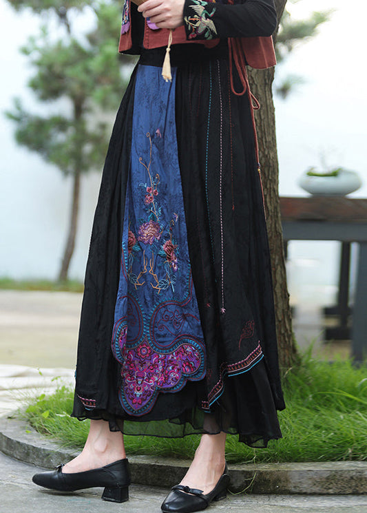 Black Embroideried Tulle Patchwork Elastic Waist Linen Maxi Skirts Fall