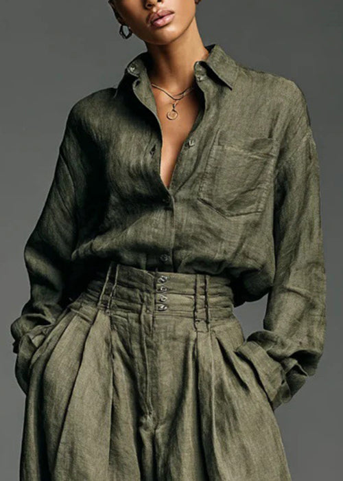 Army Green Button Pockets Shirts and Pants Two Piece Set Spring