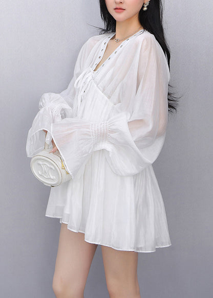White Wrinkled Tie Waist Chiffon Shirt Fall
