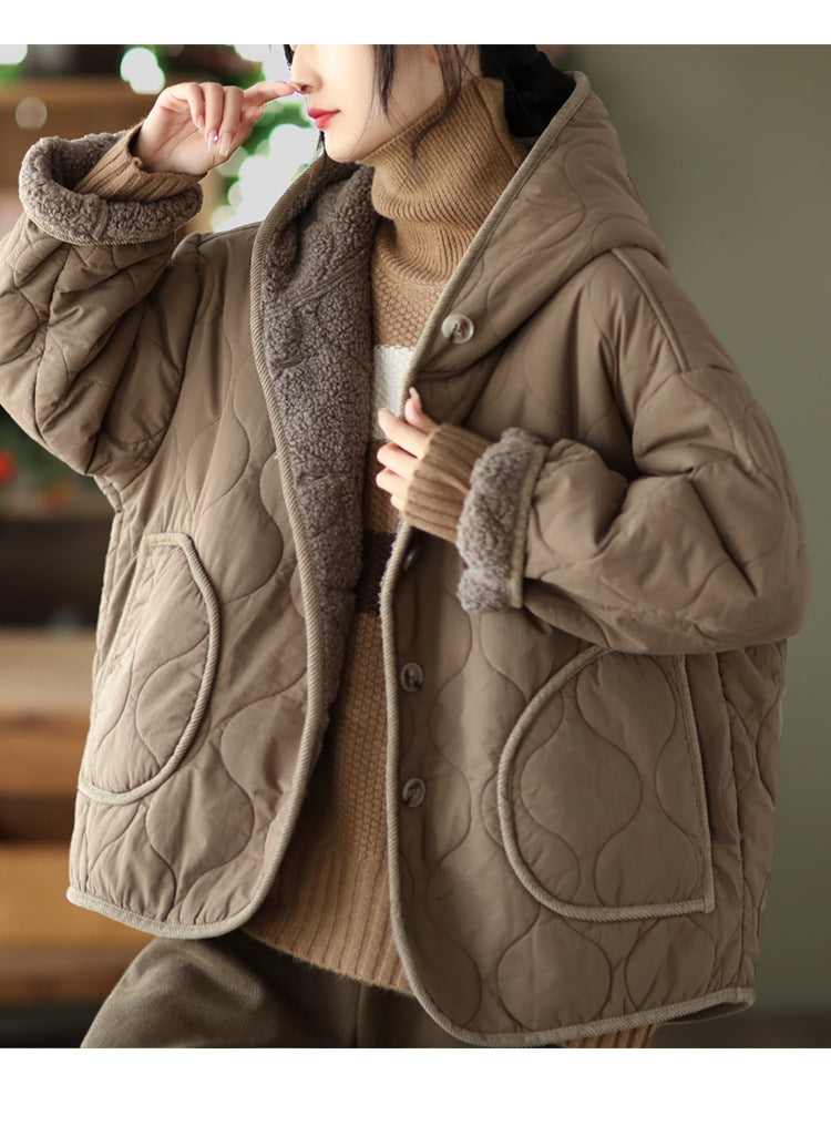 Hooded Thickened Diamond Sherpa Wool Thermal Jacket