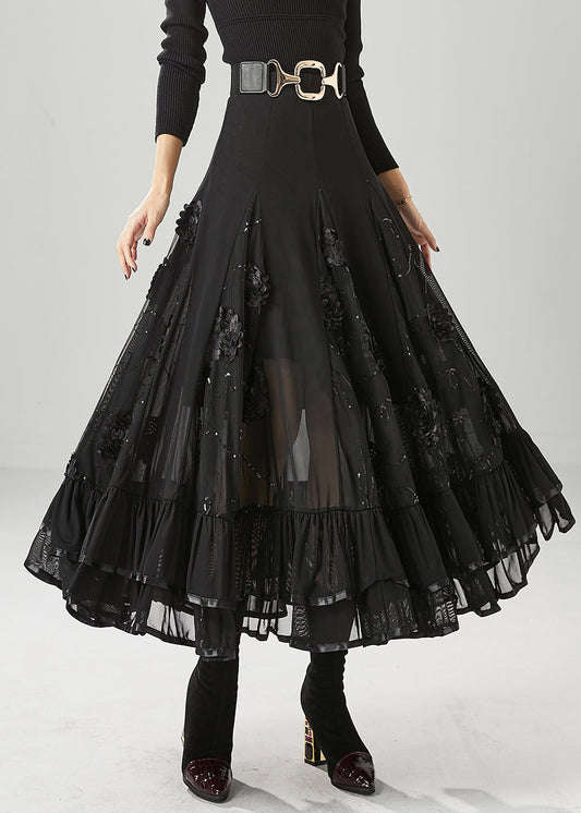 Italian Black Stereoscopic Chiffon a Line Skirt Fall