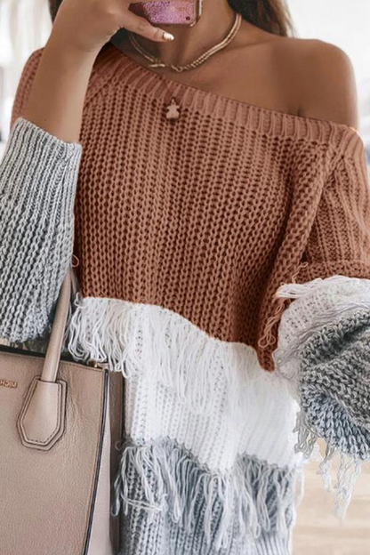 Color Block Tassels Skew Shoulder Sweater