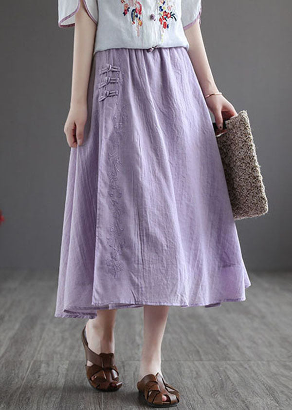 Purple Elastic Waist Embroideried Linen Skirt Spring