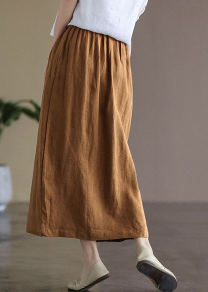 Brown Elastic Waist Side Open Linen Skirt Summer